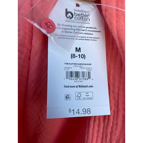 NWT, Time and Tru, Size Med, Maternity, Coral Flutter Sleeve Top, Cotton Gauze - Picture 4 of 5